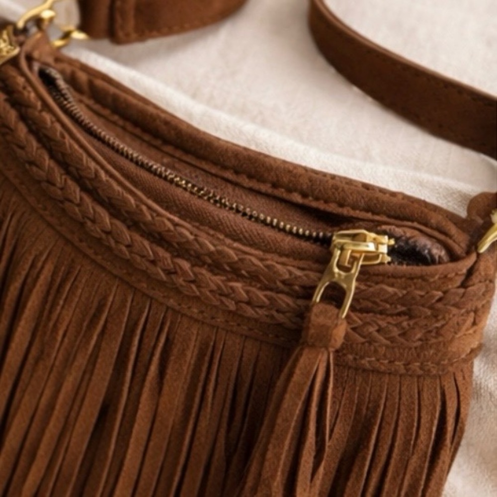American Eagle Brown Suede Fringe Crossbody Bag Boho Festival Western - Picture 7 of 13